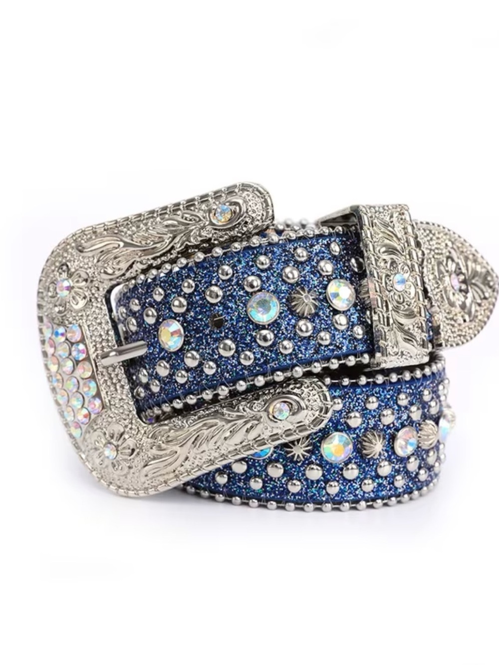Embellished Blue Western-Style Womens Belt with Rhinestone Buckle